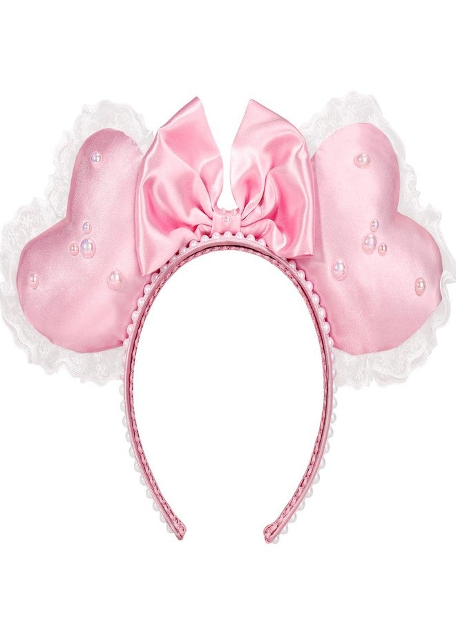 ETLUK Crush Pink Heart Coquette Ears Headband, 3D Pink Sweetheart Ears for Valentines Nite, Valentines Mouse Ears Headband with Pearl Lace Decor for Women Girls Theme Park Cosplay - Image 1
